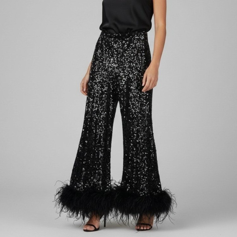 Hutch Black Sequin Feather Trim Wide Leg High Rise Pants Size 4